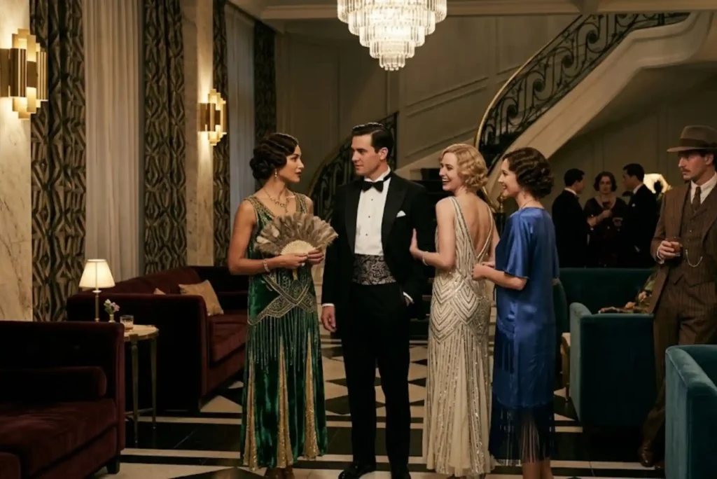 Elegant 1920s-inspired fashion featuring vintage dresses and period styling