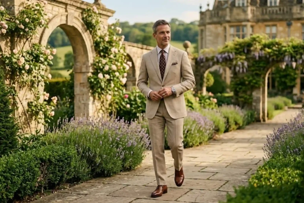 Man wearing a tailored beige suit at a formal outdoor event