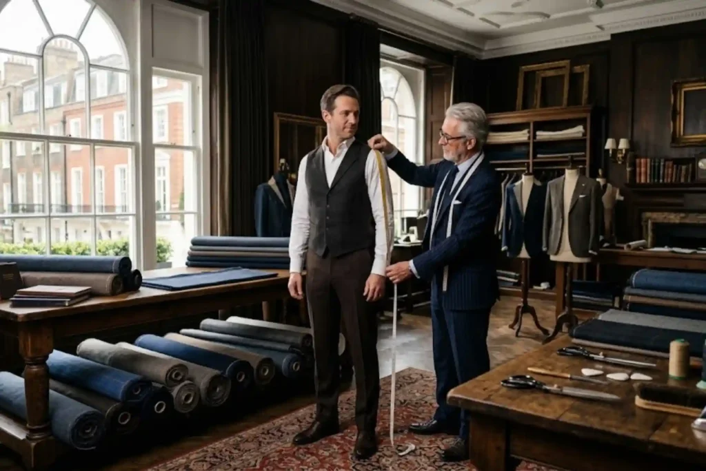 Master bespoke tailor measuring a client for a bespoke suit in a luxury London tailoring studio