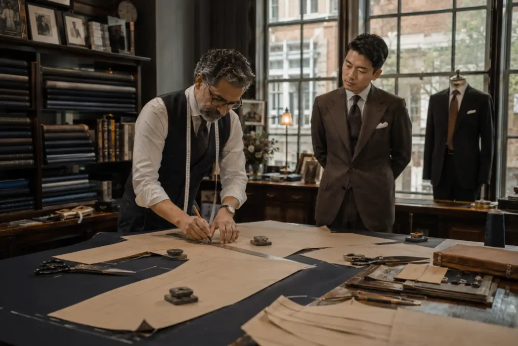 Bespoke tailor creating a custom suit pattern in a luxury London tailoring workshop