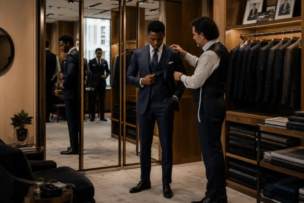 Gentleman attending a bespoke suit fitting in a luxury London tailoring studio