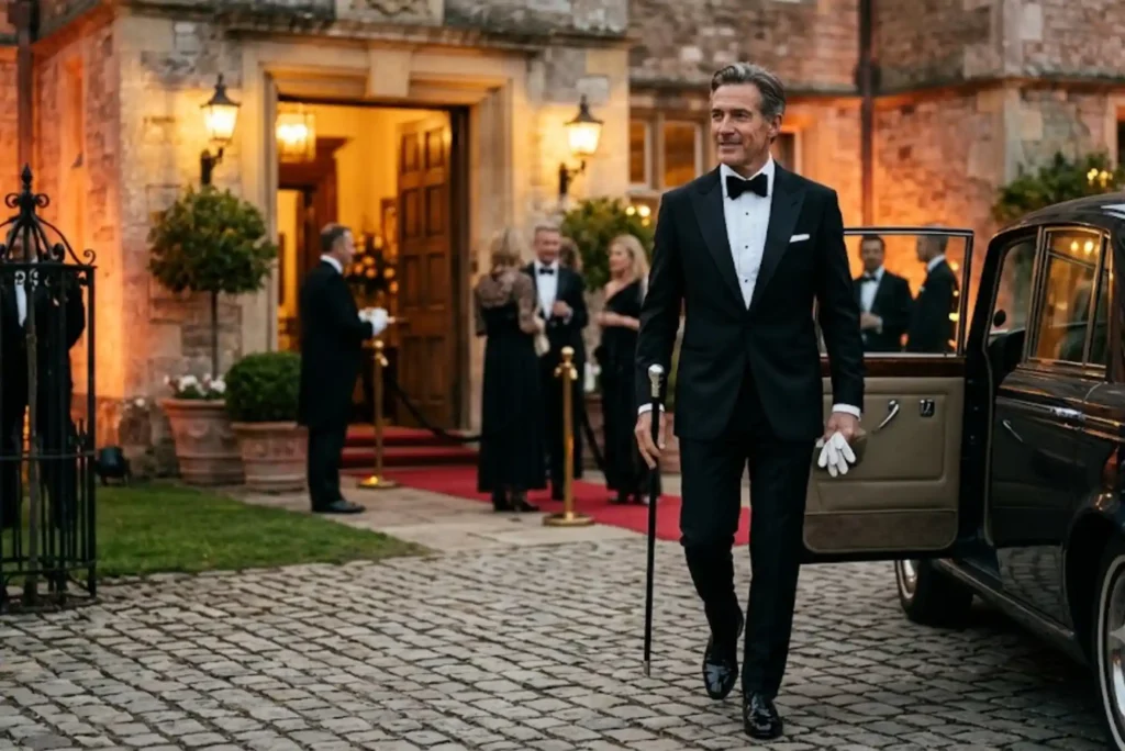 British gentleman wearing classic black tie formal attire with tuxedo and bow tie