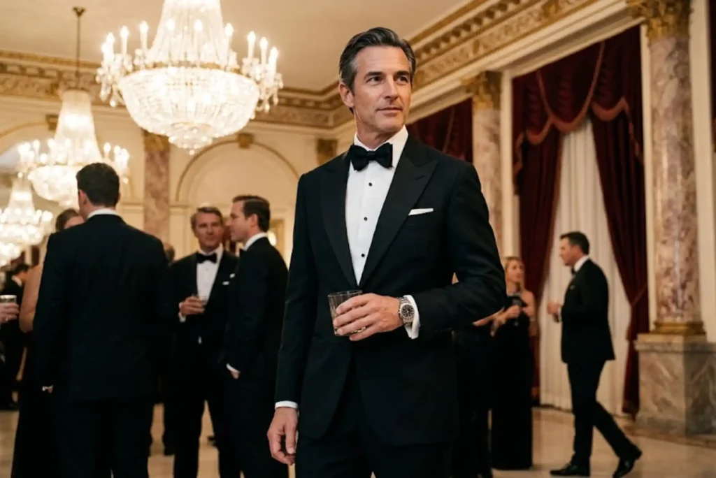 Man wearing a classic black tuxedo for a formal black tie event