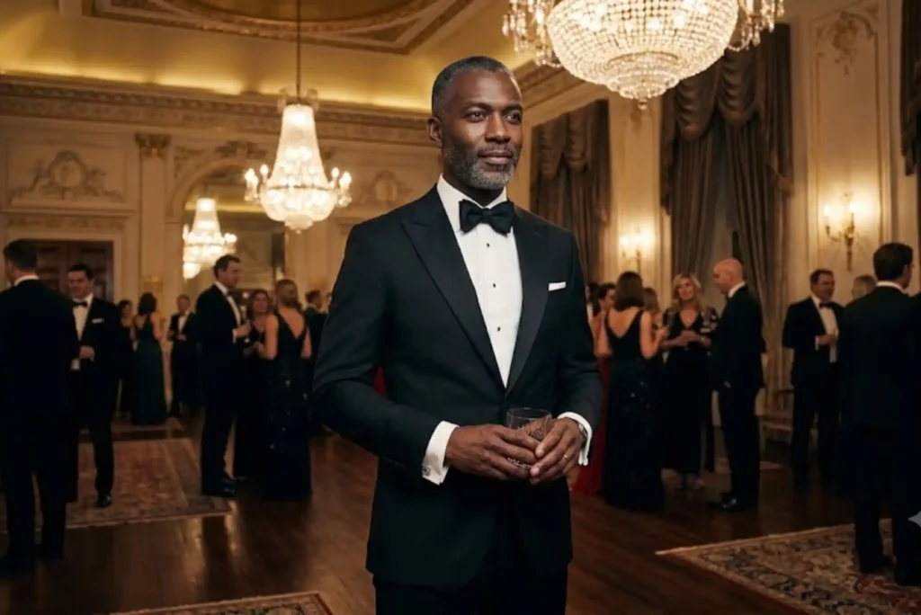 Black Tie Suit Guide: What Men Should Wear for Formal Evening Events Man wearing a classic black tie tuxedo at a formal evening event
