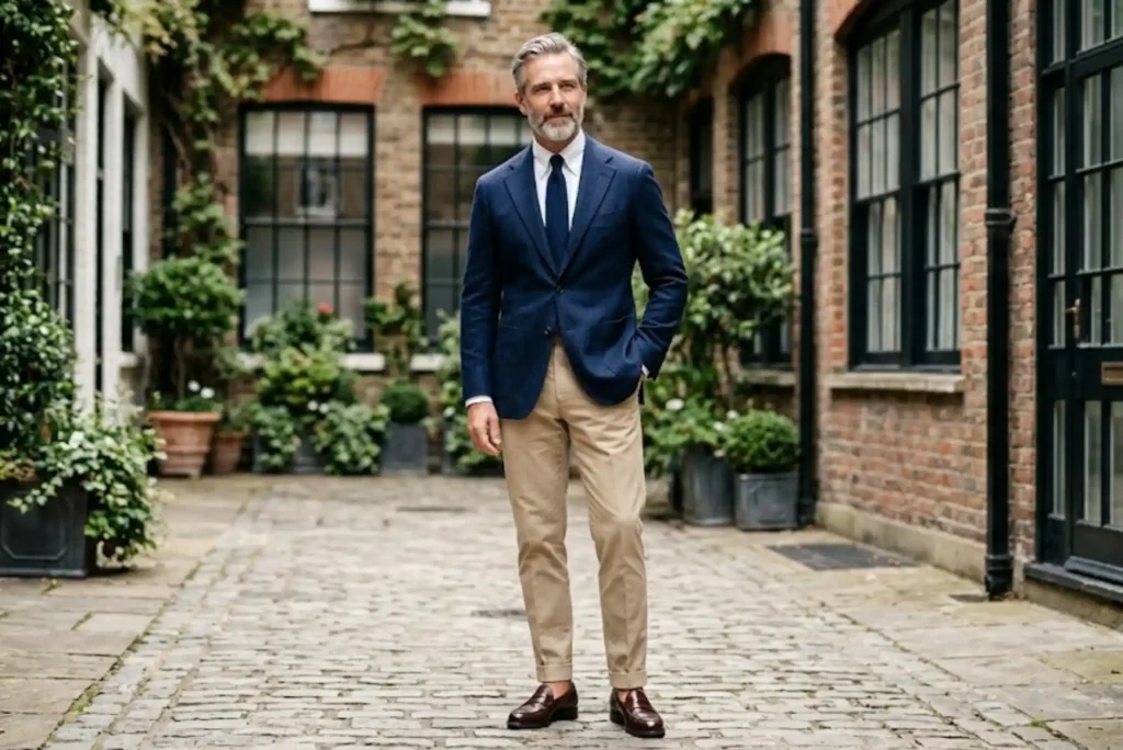 British gentleman wearing a blue blazer styled with smart casual menswear