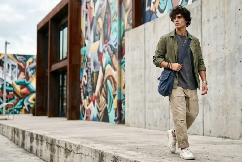 Man wearing a relaxed-fit boyish T-shirt styled with modern casual clothing