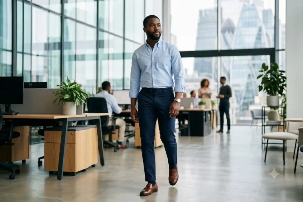 Professional man wearing business casual attire in a modern UK office environment