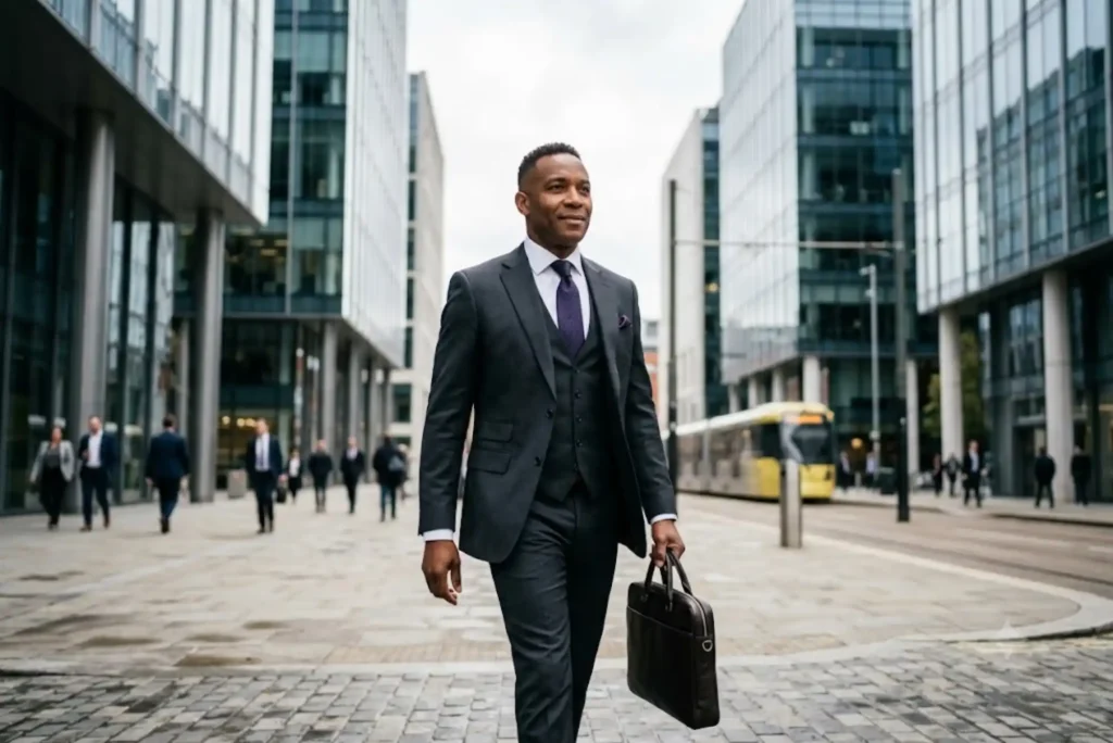 Professional businessman wearing formal business attire in a modern UK corporate environment