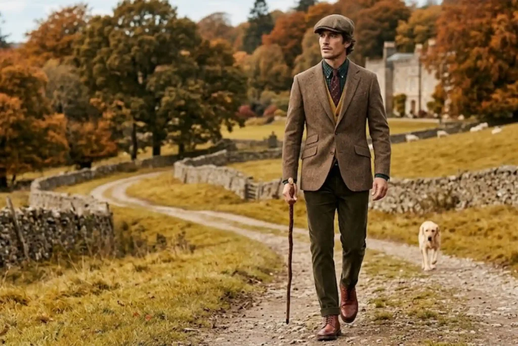 British gentleman wearing traditional country clothing with tweed jacket and brogue boots