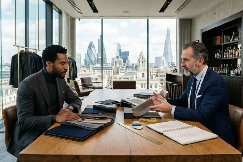Client selecting fabrics for a custom made suit during a tailoring consultation in London