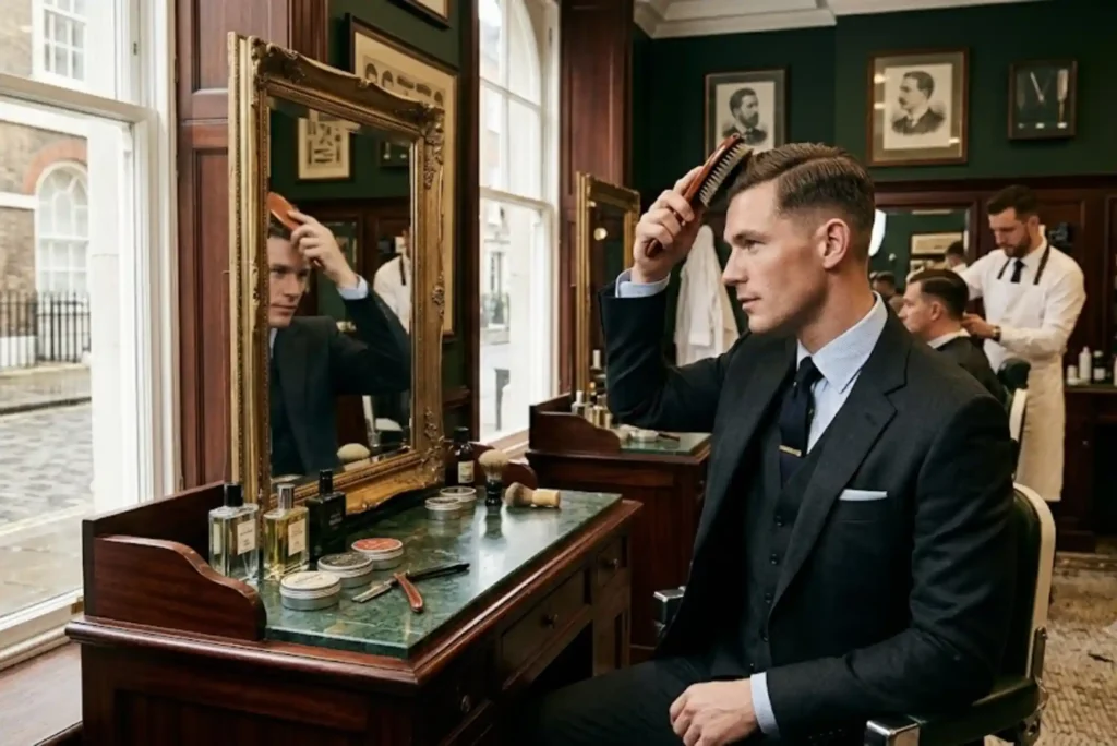 British gentleman using a premium hair brush to style a classic men's hairstyle