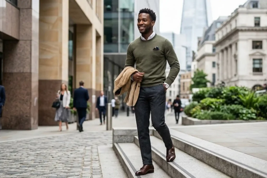 Man wearing modern masculine pants styled with smart casual clothing