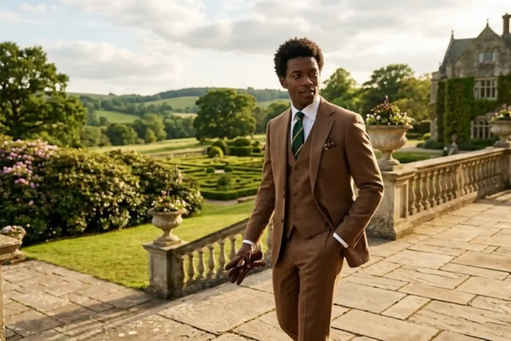 Mens Brown Suit: How to Wear Brown Tailoring with Confidence and Style Man wearing a tailored brown suit in a sophisticated outdoor setting