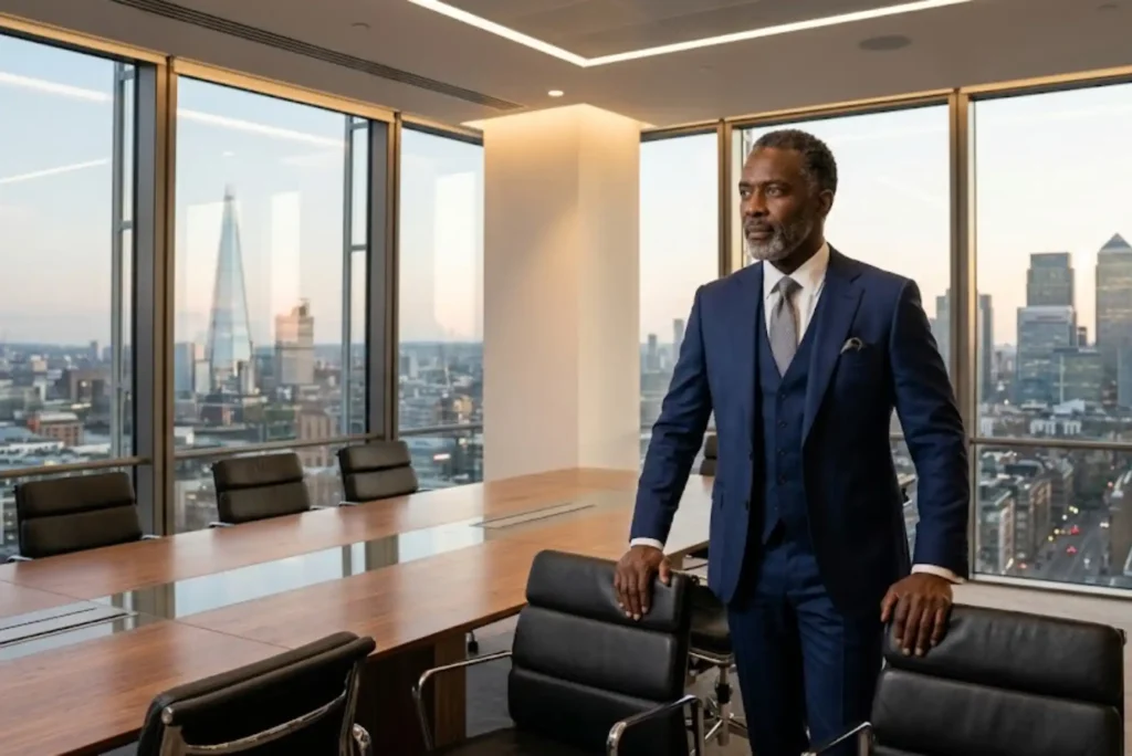 Professional businessman wearing a tailored navy business suit in a corporate office