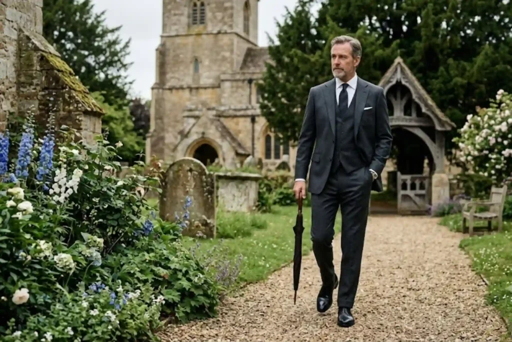 British gentleman wearing respectful funeral attire with dark suit and tie