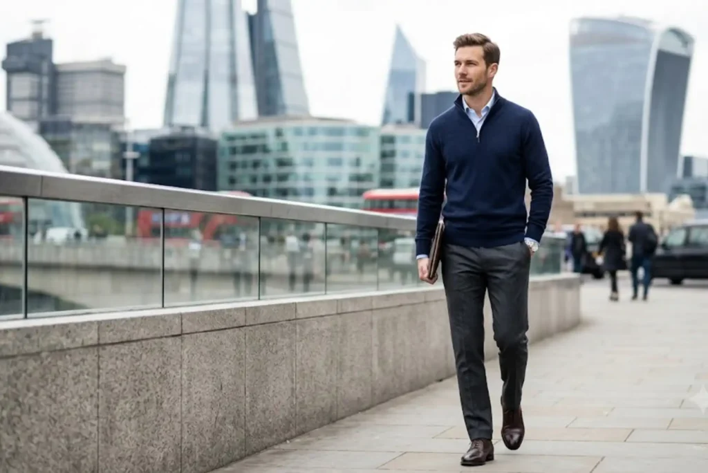 Man wearing a navy men's quarter zip jumper styled with smart casual clothing
