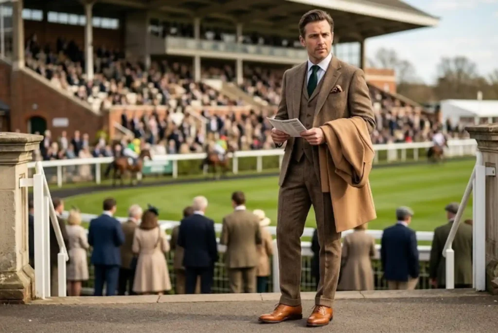 Mens Races Outfit Guide: What to Wear to British Race Meetings British gentleman wearing a stylish tweed race-day outfit at a horse racing event