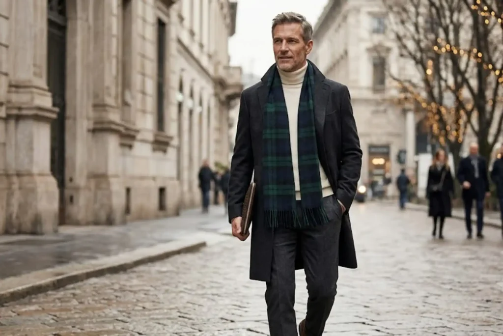 Man wearing a luxury men's scarf with a stylish winter outfit