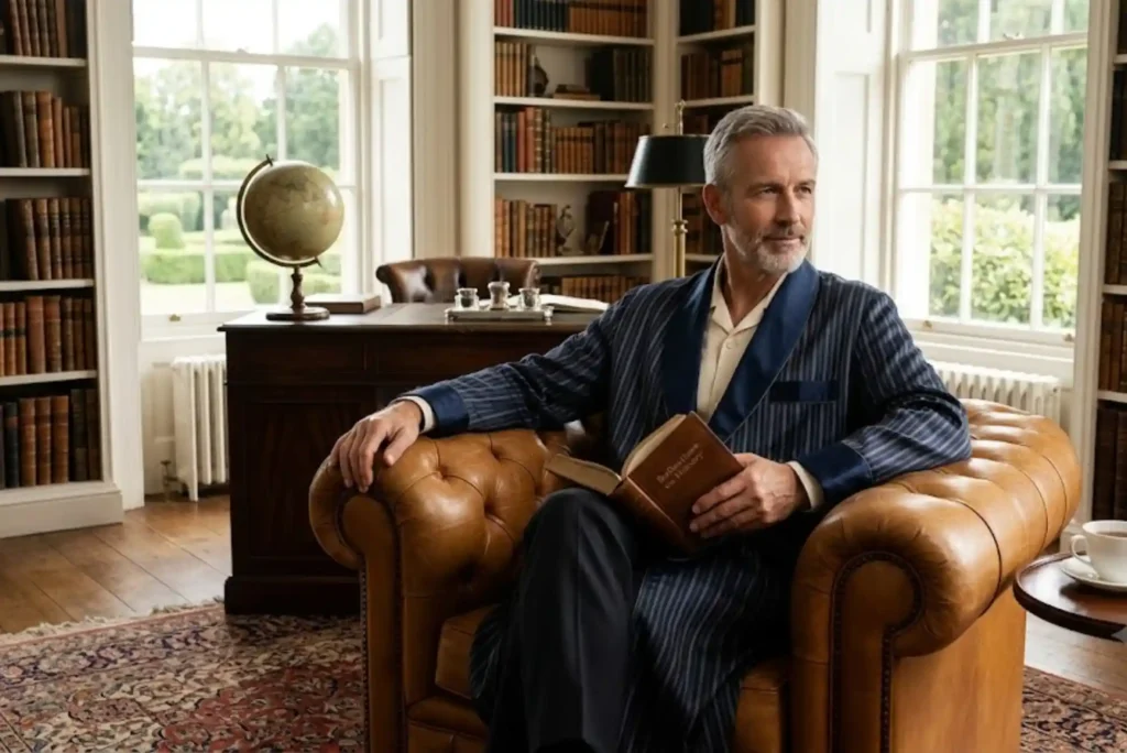 British gentleman wearing a luxury silk dressing gown in an elegant home setting