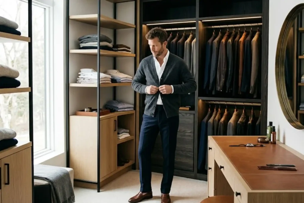 Modern men's underwear essentials displayed in a premium wardrobe setting