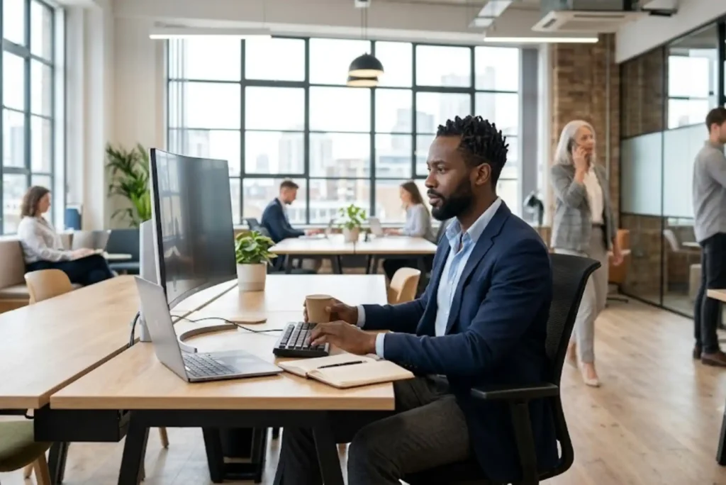 Professional man wearing modern office attire in a contemporary workplace