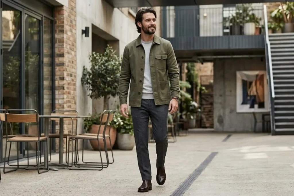 Man wearing an olive overshirt styled with smart casual menswear