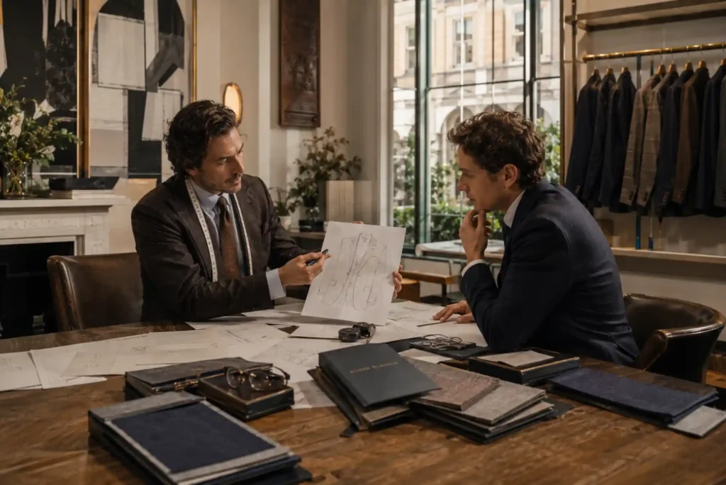 Client discussing bespoke tailoring options with a Savile Row tailor in London