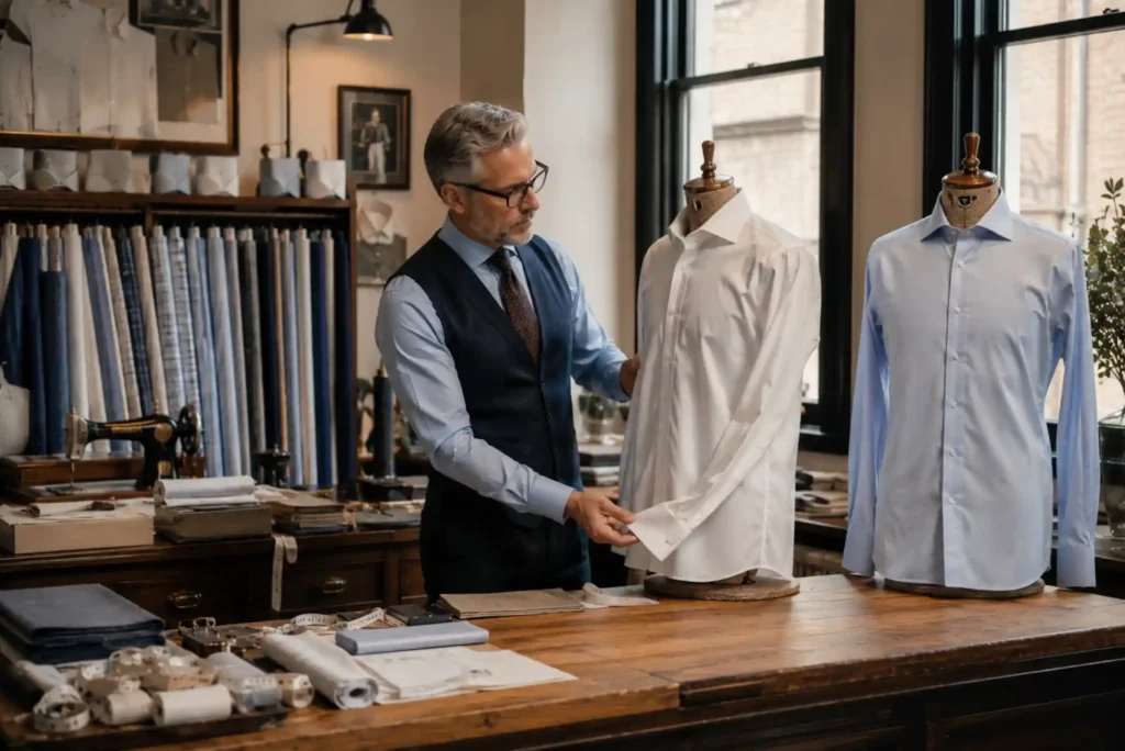 Premium tailored shirts being crafted in a luxury London shirtmaking atelier