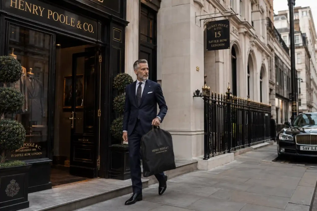 Gentleman outside a prestigious Savile Row tailoring house in London