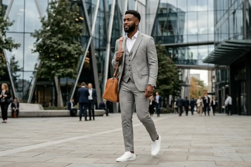British gentleman wearing a tailored suit with minimalist white trainers