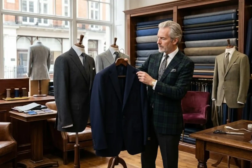 British gentleman comparing different suit colours in a luxury tailoring showroom