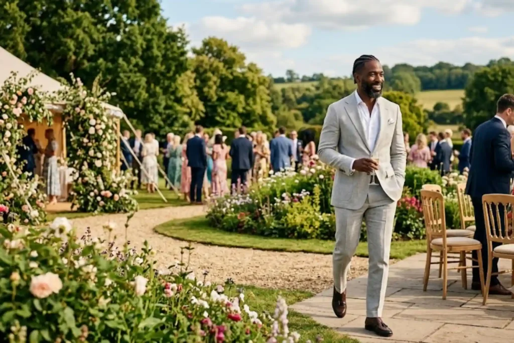 Man wearing a lightweight summer wedding suit at an outdoor wedding venue