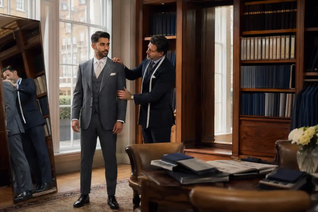 Groom attending a bespoke wedding suit fitting in a luxury London tailoring studio