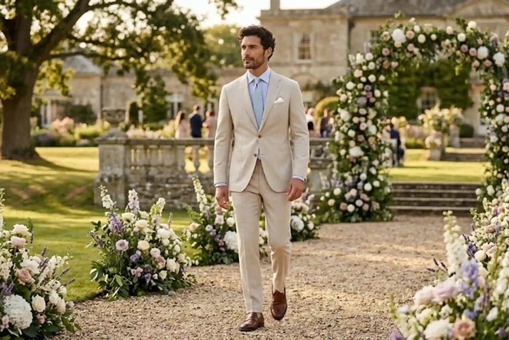 Wedding Wear in Summer for Mens: Stylish and Comfortable Outfit Ideas Man wearing a lightweight summer wedding suit at an outdoor wedding venue
