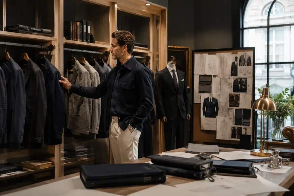 Professional client viewing luxury tailored suits in a contemporary London menswear showroom