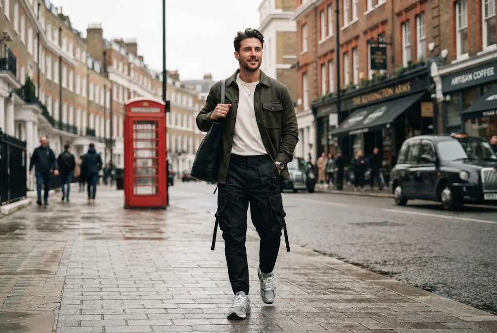 Mens Combats: How to Style Cargo Trousers for Men Mens combats styled with modern black cargo trousers and a casual overshirt