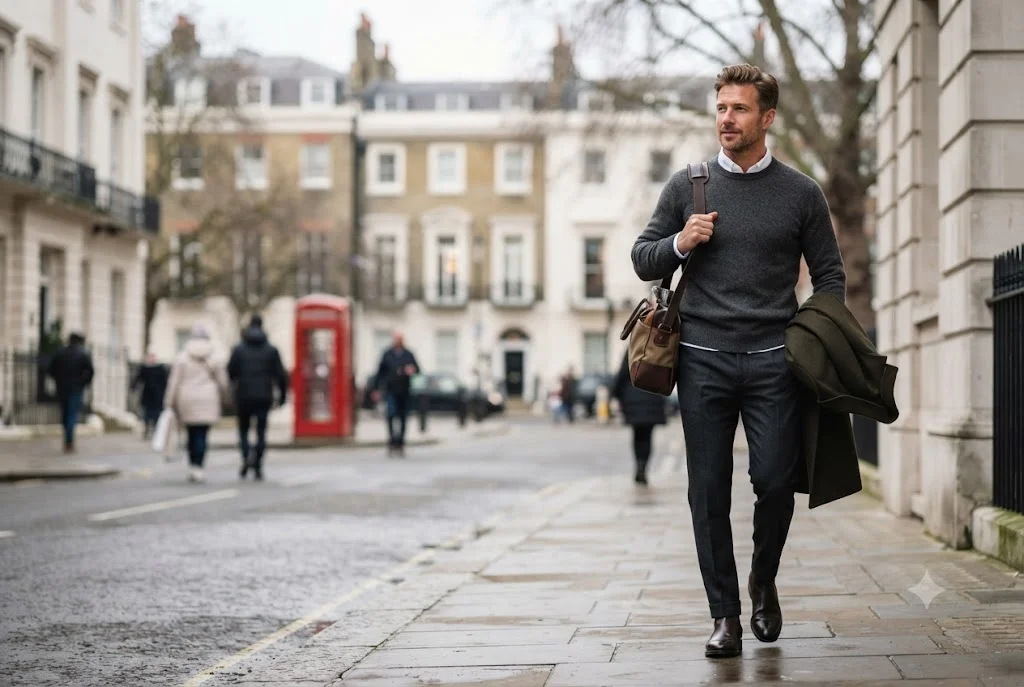 Mens Crew Neck Jumper: A Modern Style Guide Mens crew neck jumper styled with a collared shirt in a modern British outfit