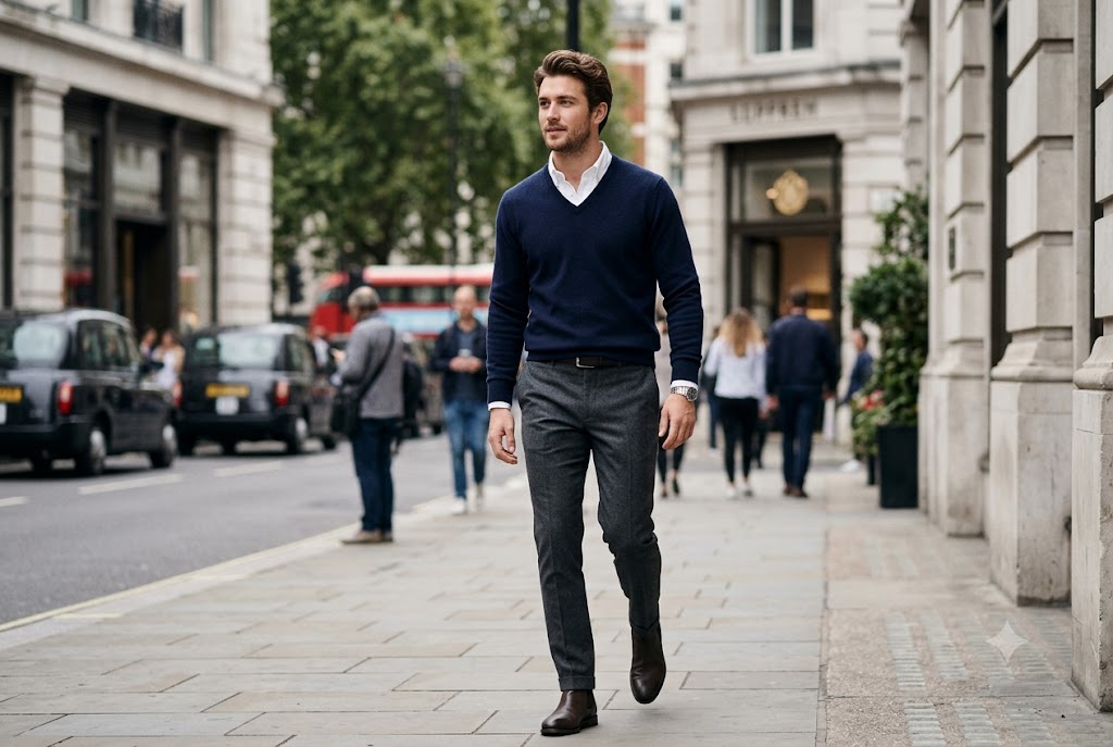 Men’s Jumpers V Neck: A Complete Guide to Timeless Knitwear Stylish man wearing men's jumpers v neck with smart casual outfit