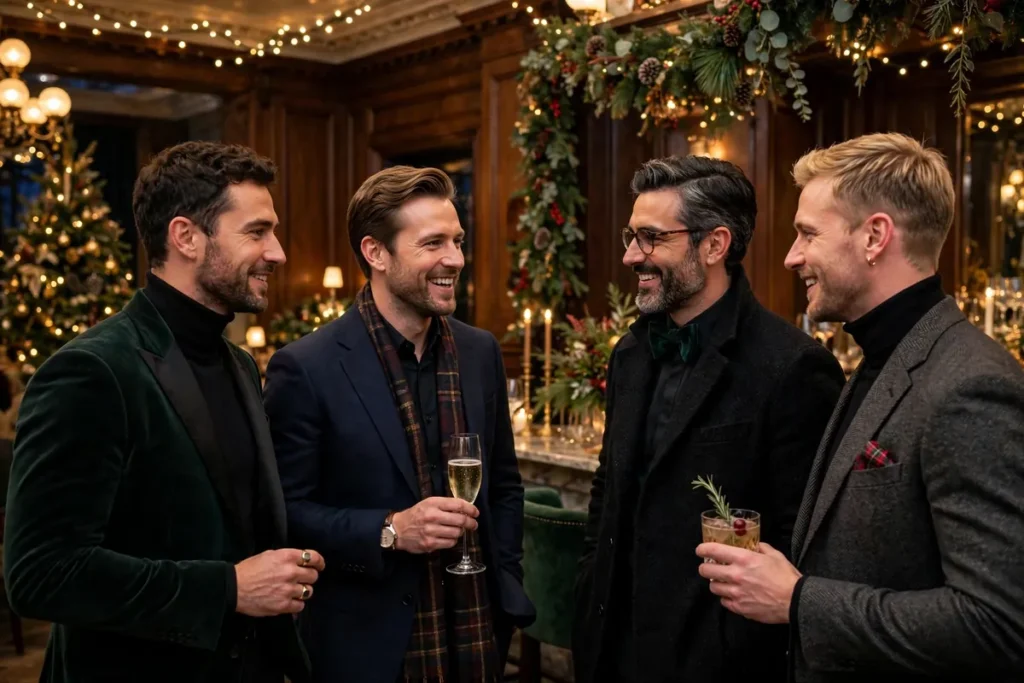 christmas party dress for men – four men wearing tailored velvet blazers and festive outfits at a UK Christmas party