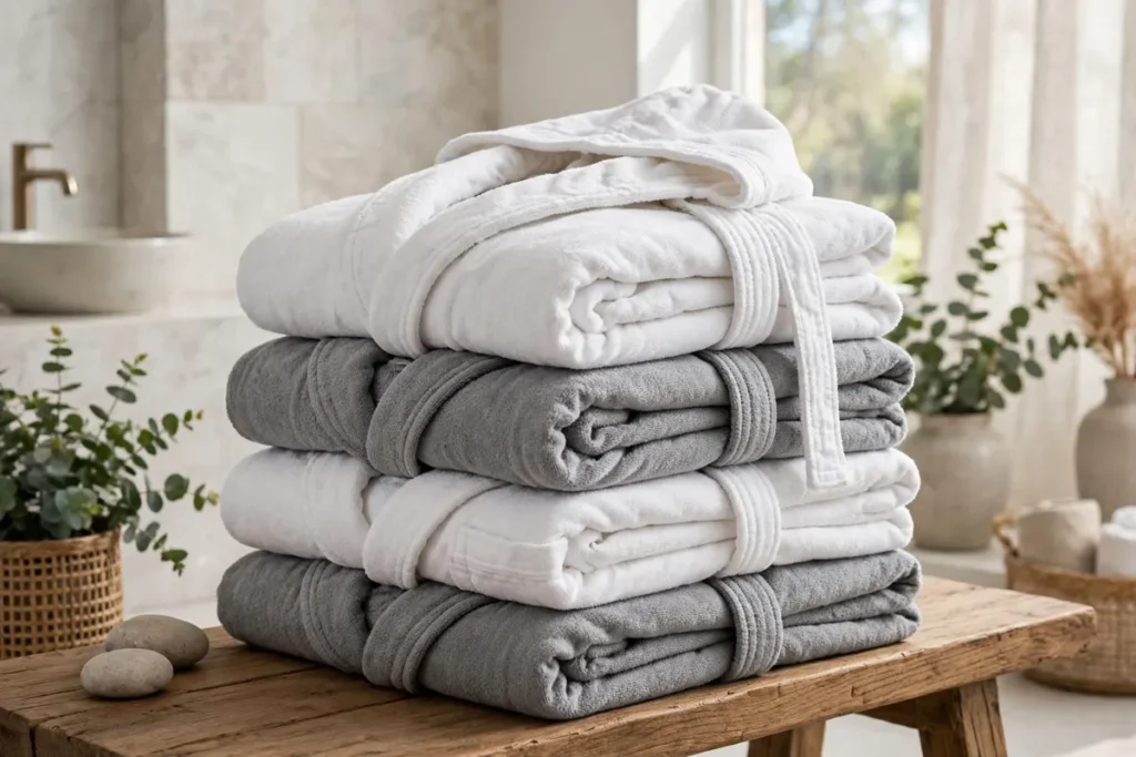 Mens robes and bathrobes — folded cotton towelling bathrobes on a wooden bench
