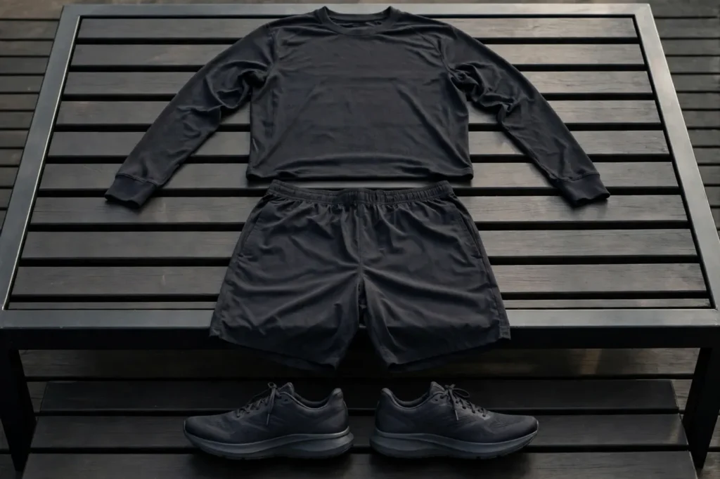 Men’s Sportswear and Activewear: How to Build a Kit That Works Mens sportswear and activewear — training top, shorts and running shoes on a gym bench